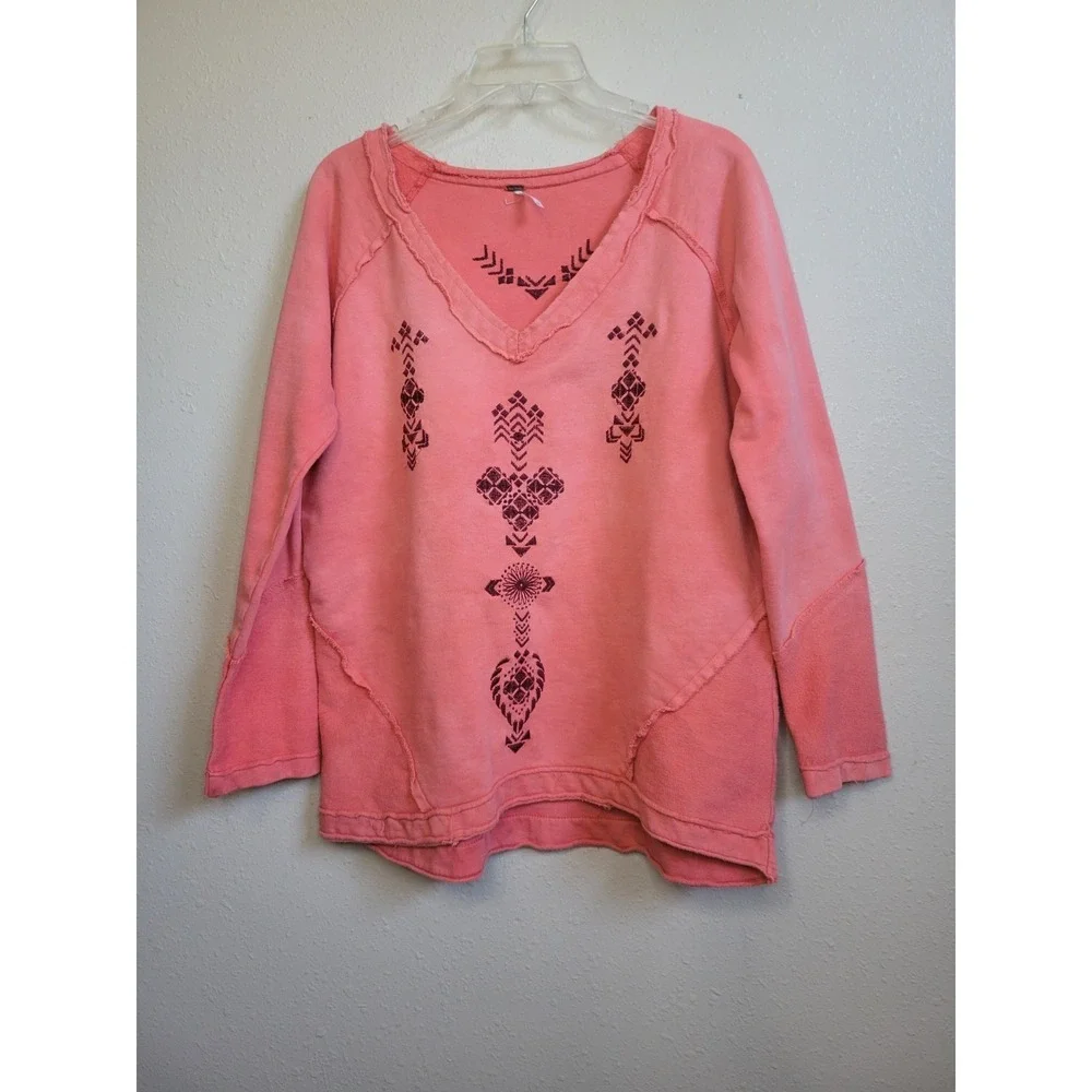 Free People Tie Dye‎ Washed Sweatshirt Embroidered Oversized V-Neck Boho Sz S